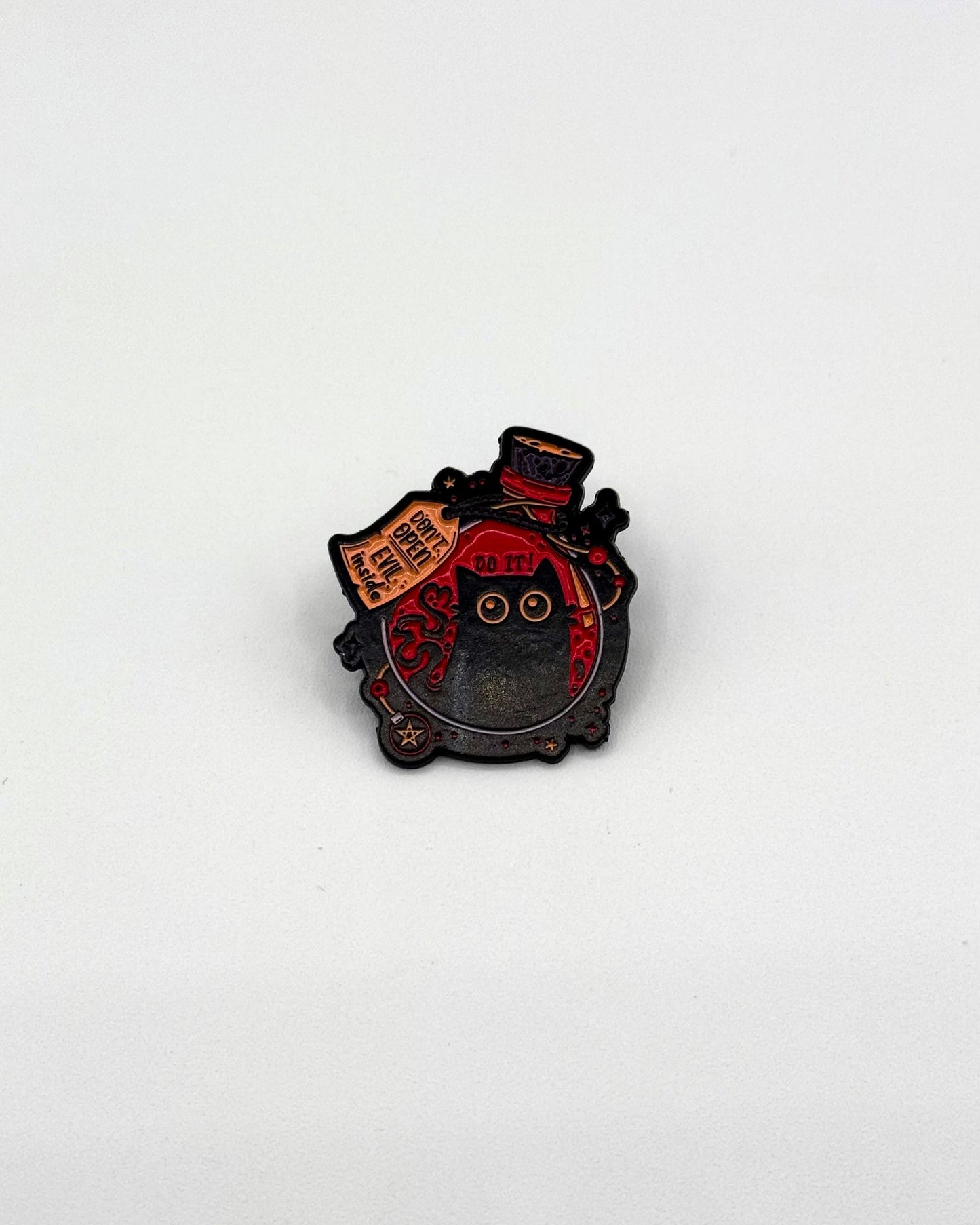 evil cat inside potion bottle enamel pin